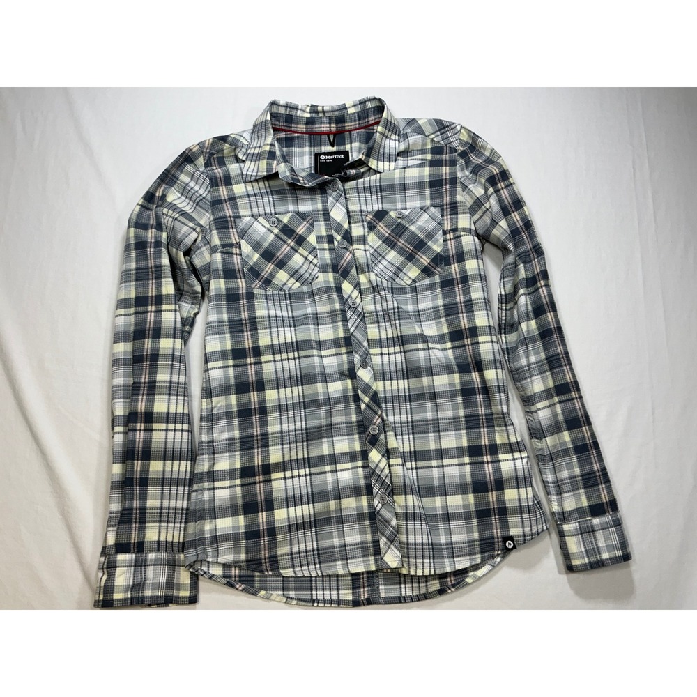 Marmot Womens Plaid Flannel Long Sleeve Button Down Shirt Gray Yellow S